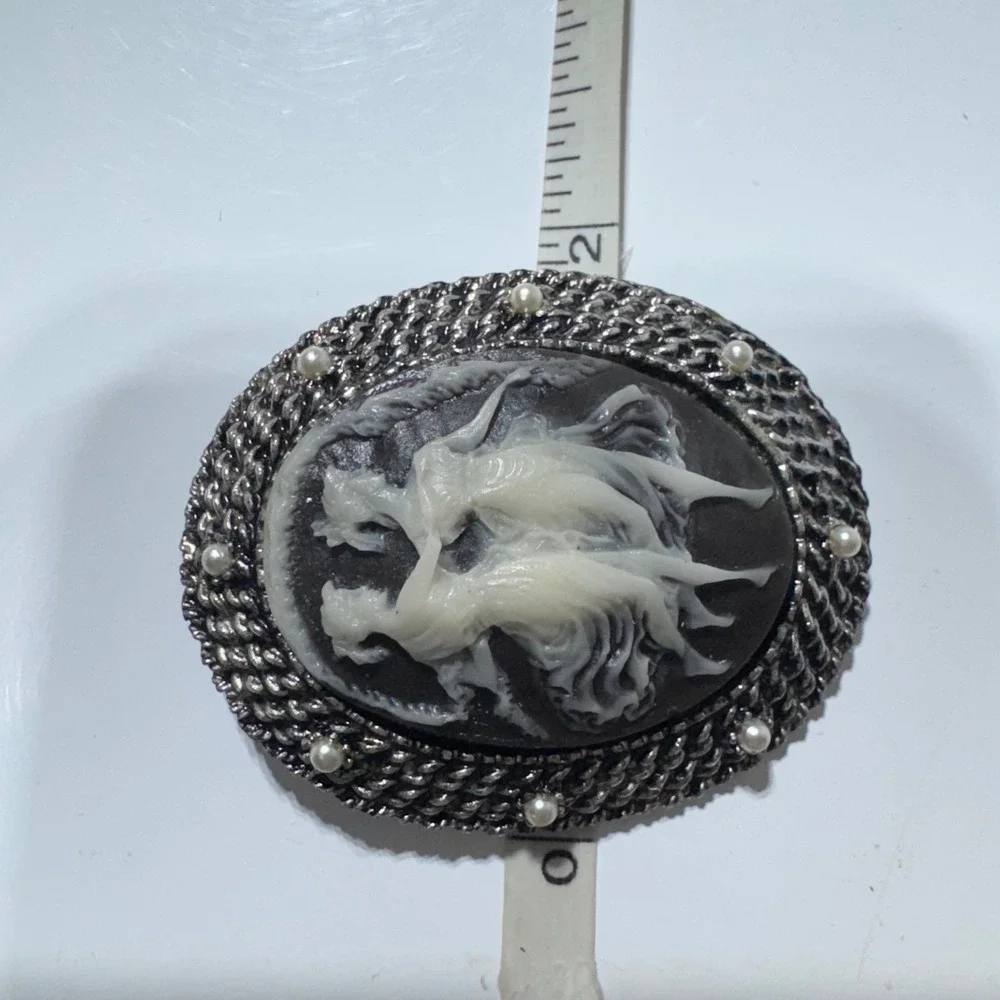 Vintage Cameo Brooch Black White Twin Women Dancing Filigree Frame Pearl Accents
